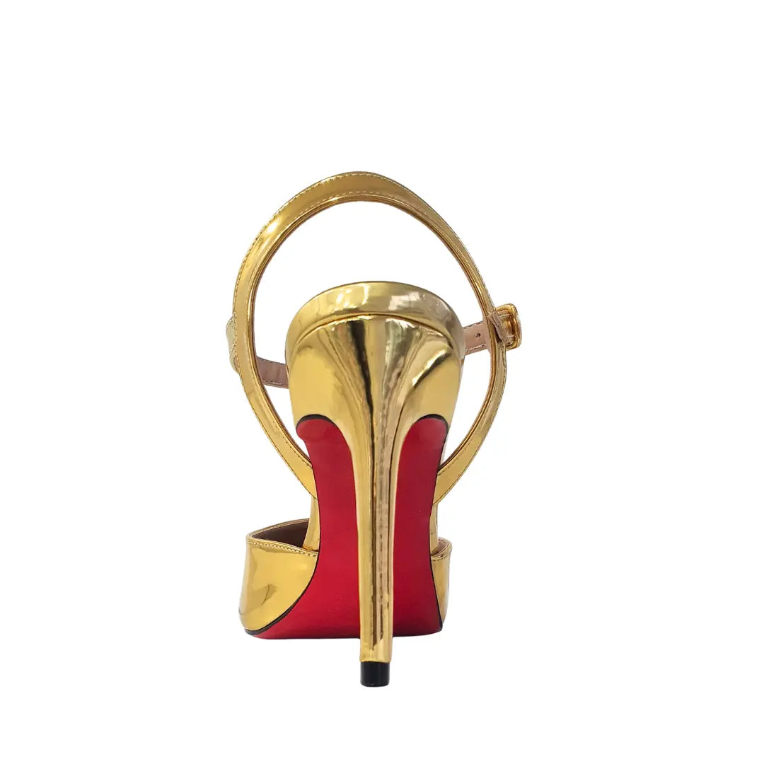 Scarpin Aberto Dourado Espelhado Salto Alto 10cm Sola Vermelha
