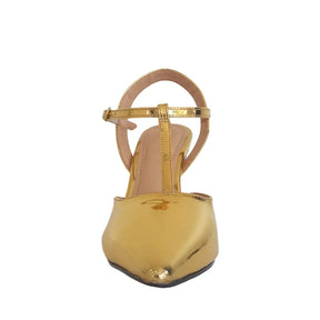 Scarpin Aberto Dourado Espelhado Salto Alto 10cm Sola Vermelha