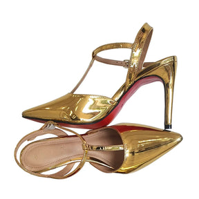 Scarpin Aberto Dourado Espelhado Salto Alto 10cm Sola Vermelha