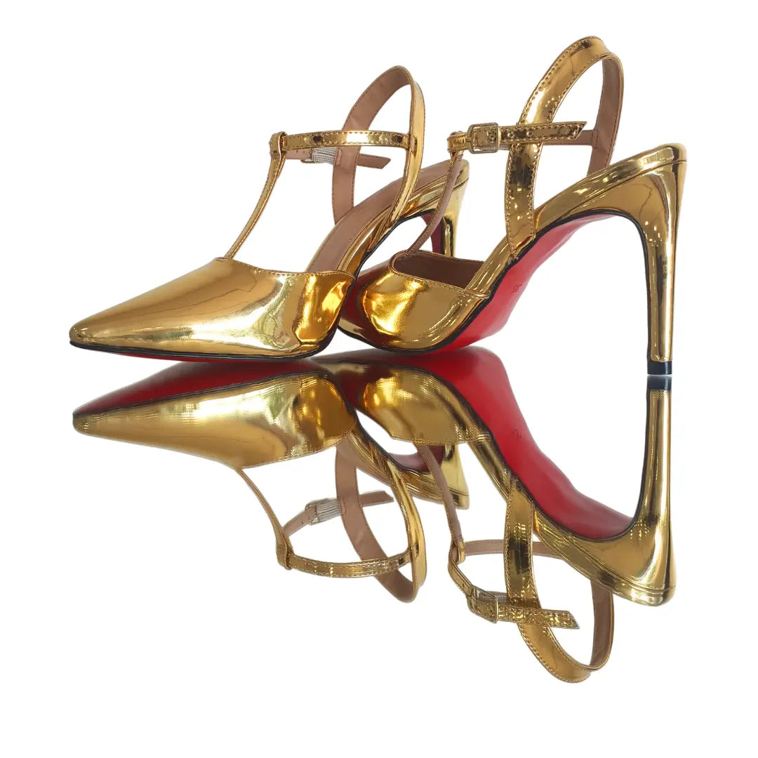 Scarpin Aberto Dourado Espelhado Salto Alto 10cm Sola Vermelha