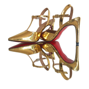 Scarpin Aberto Dourado Espelhado Salto Alto 10cm Sola Vermelha