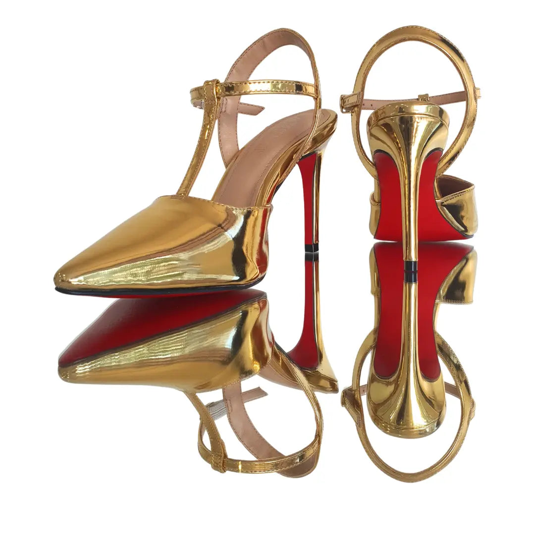 Scarpin Aberto Dourado Espelhado Salto Alto 10cm Sola Vermelha