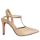 Scarpin Aberto Nude Croco Salto Alto 10cm Sola Vermelha