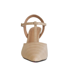 Scarpin Aberto Nude Croco Salto Alto 10cm Sola Vermelha