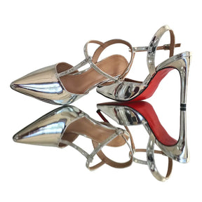 Scarpin Aberto Prata Espelhado Salto Alto 10cm Sola Vermelha