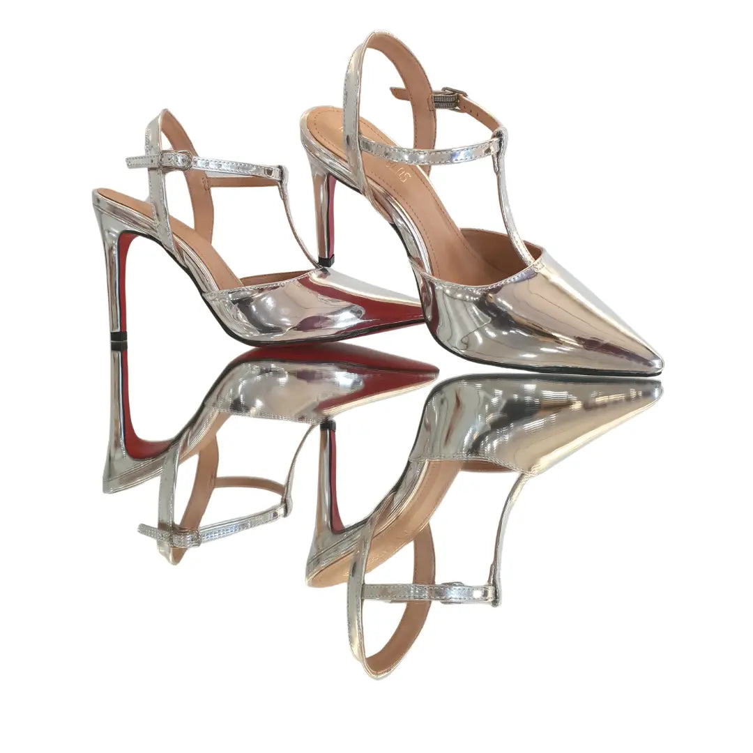 Scarpin Aberto Prata Espelhado Salto Alto 10cm Sola Vermelha