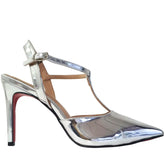 Scarpin Aberto Prata Espelhado Salto Alto 10cm Sola Vermelha