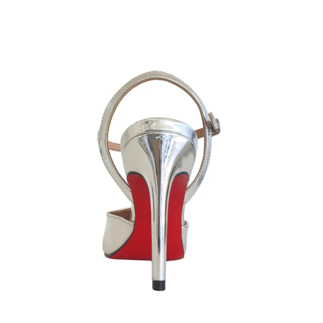 Scarpin Aberto Prata Espelhado Salto Alto 10cm Sola Vermelha