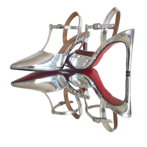 Scarpin Aberto Prata Espelhado Salto Alto 10cm Sola Vermelha