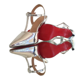 Scarpin Aberto Prata Espelhado Salto Alto 10cm Sola Vermelha