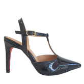Scarpin Aberto Preto Verniz Salto Alto 10cm Sola Vermelha