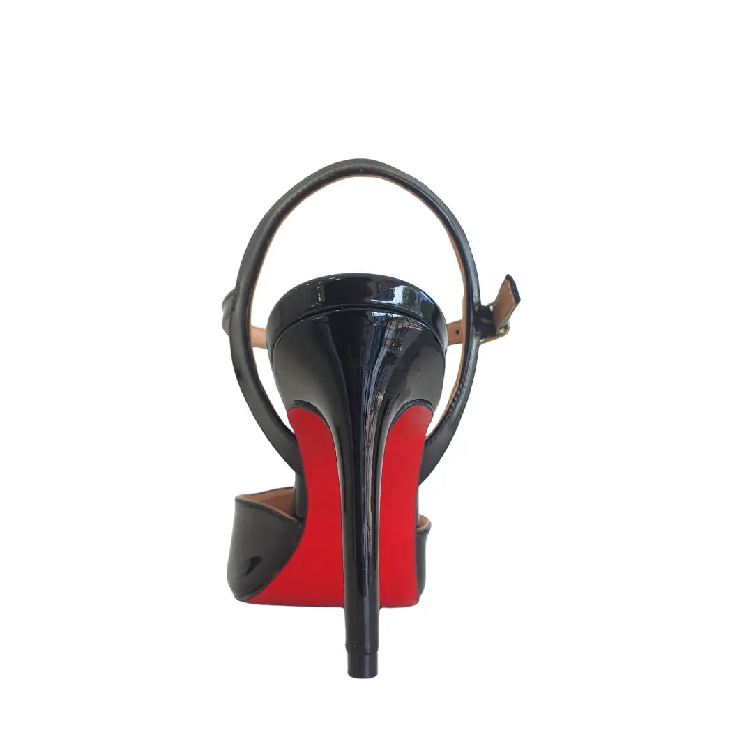 Scarpin Aberto Preto Verniz Salto Alto 10cm Sola Vermelha