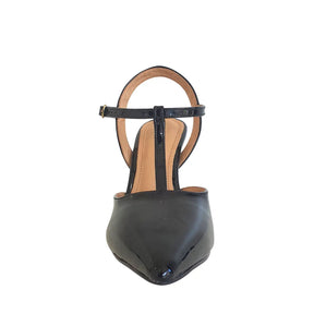 Scarpin Aberto Preto Verniz Salto Alto 10cm Sola Vermelha