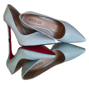 Scarpin Azul Claro Verniz Salto Alto 10cm Sola Vermelha