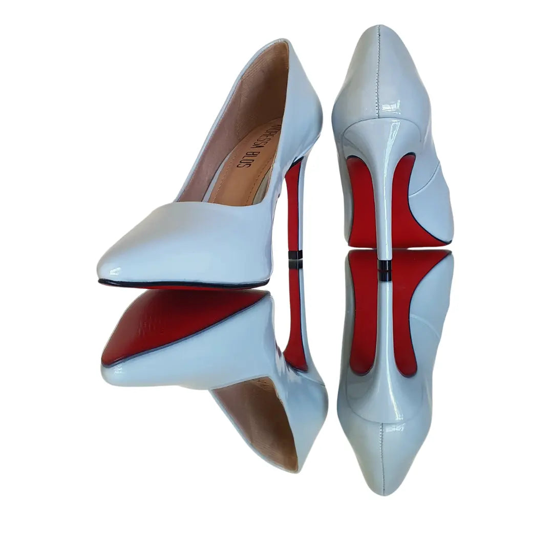 Scarpin Azul Claro Verniz Salto Alto 10cm Sola Vermelha