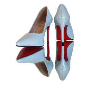 Scarpin Azul Claro Verniz Salto Alto 10cm Sola Vermelha