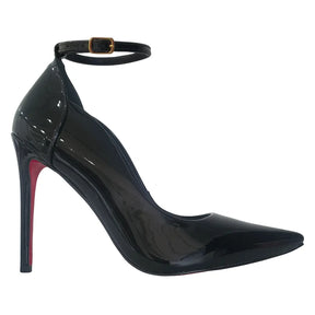 Scarpin Bicolor Preto Com Preto Verniz Salto Alto 12 cm Sola Vermelha