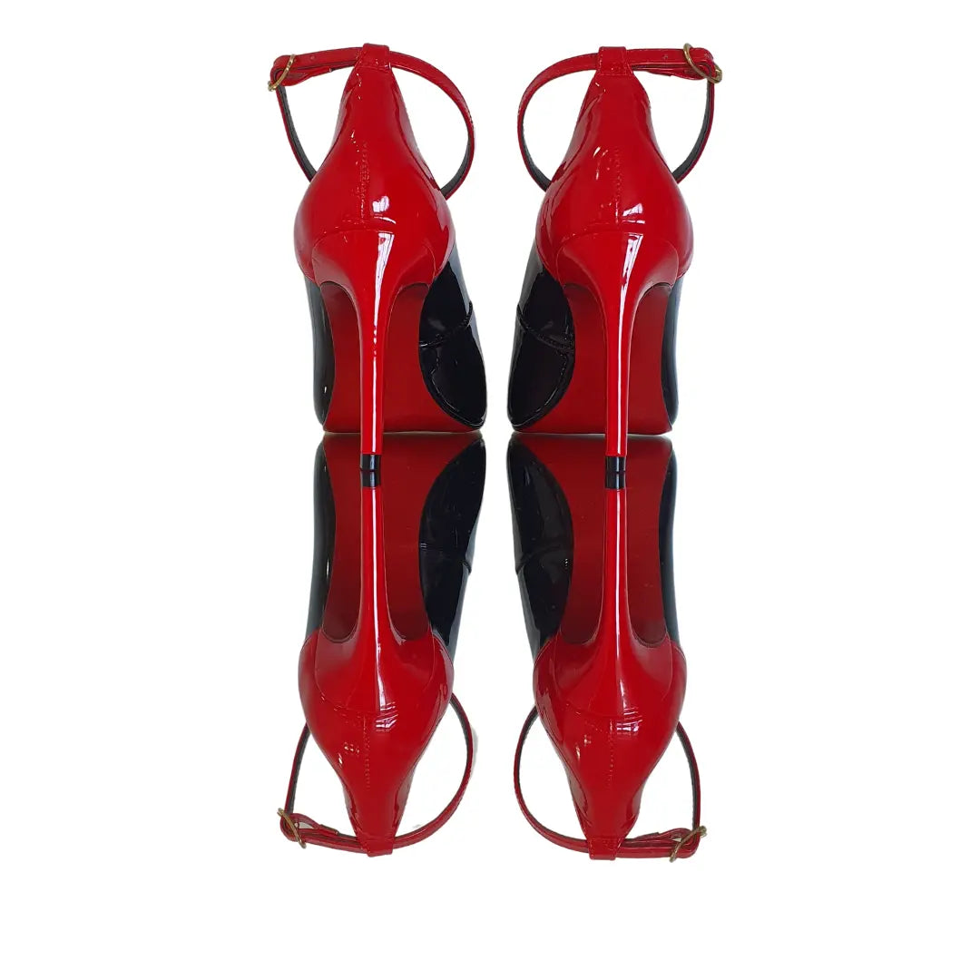 Scarpin Bicolor Preto Com Vermelho Verniz Salto Alto 10cm Sola Vermelha
