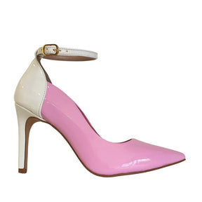 Scarpin Bicolor Rosa Com Branco Verniz Salto Alto 10cm Sola Bege