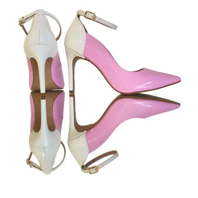 Scarpin Bicolor Rosa Com Branco Verniz Salto Alto 10cm Sola Bege