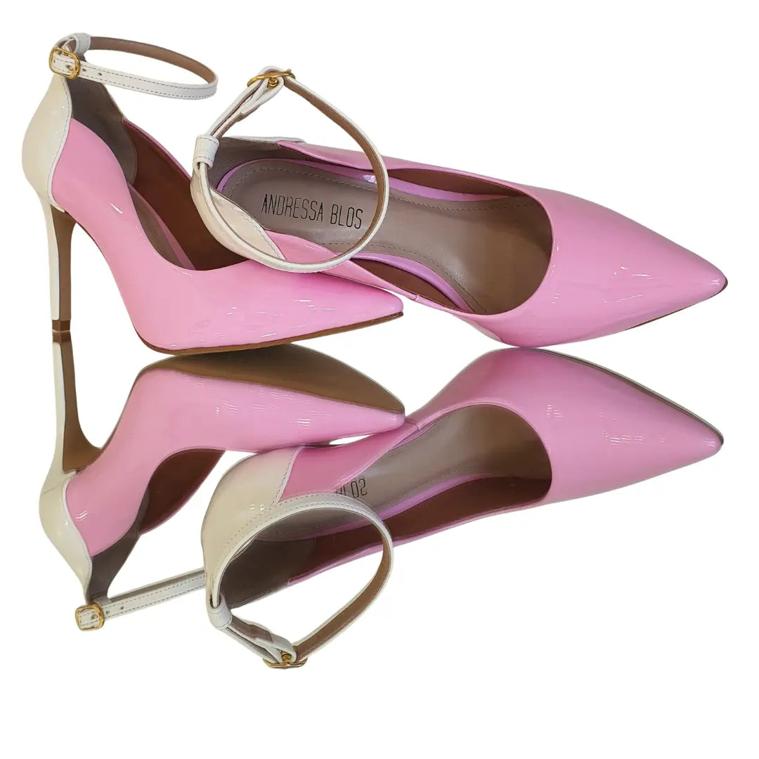 Scarpin Bicolor Rosa Com Branco Verniz Salto Alto 10cm Sola Bege