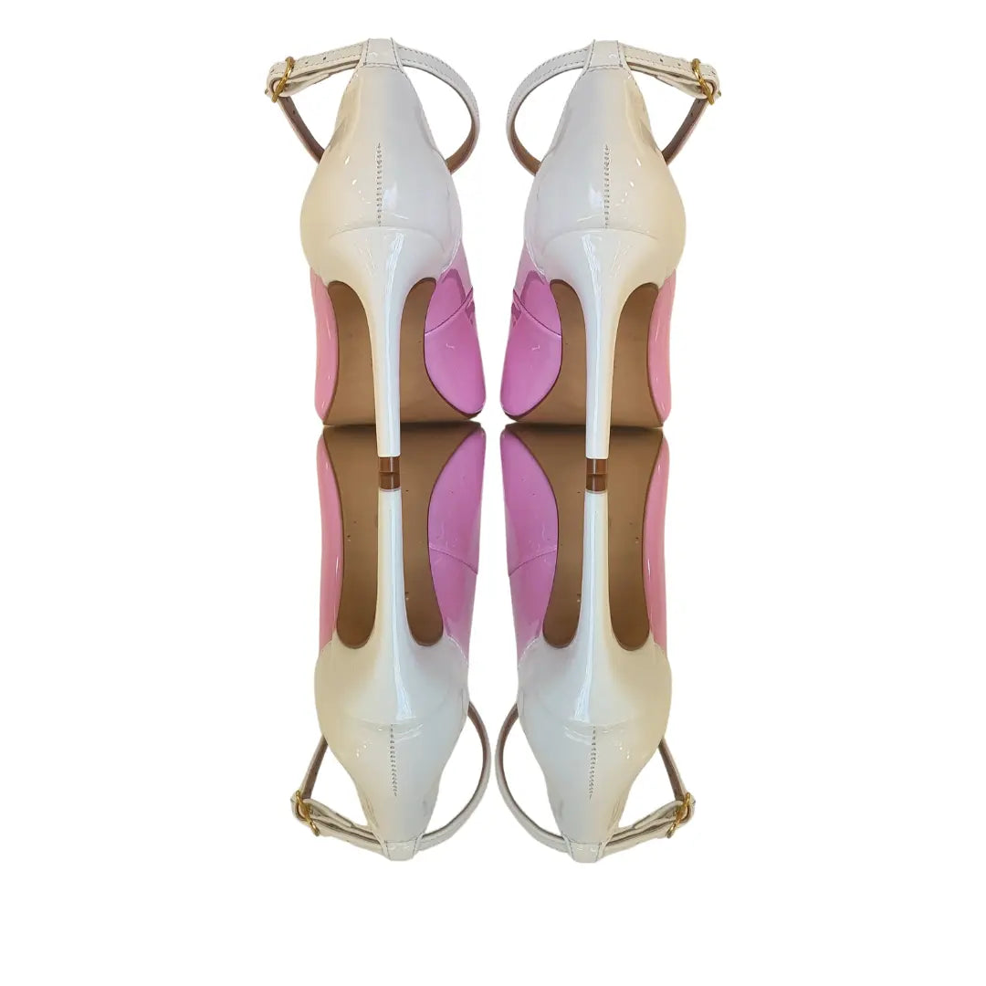 Scarpin Bicolor Rosa Com Branco Verniz Salto Alto 10cm Sola Bege