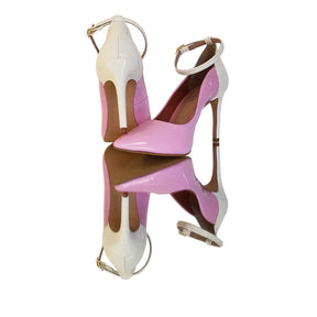 Scarpin Bicolor Rosa Com Branco Verniz Salto Alto 10cm Sola Bege