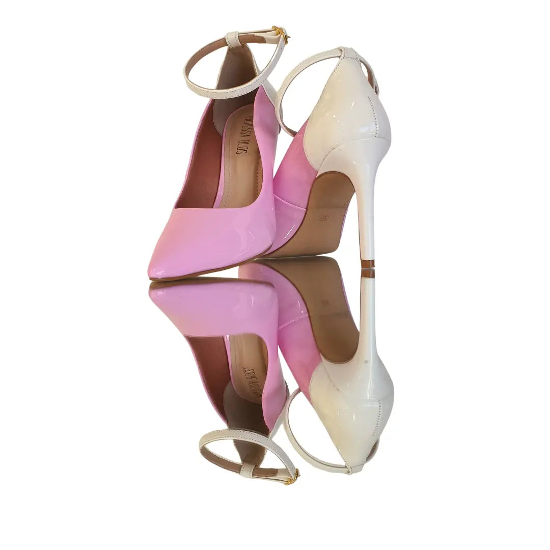 Scarpin Bicolor Rosa Com Branco Verniz Salto Alto 10cm Sola Bege