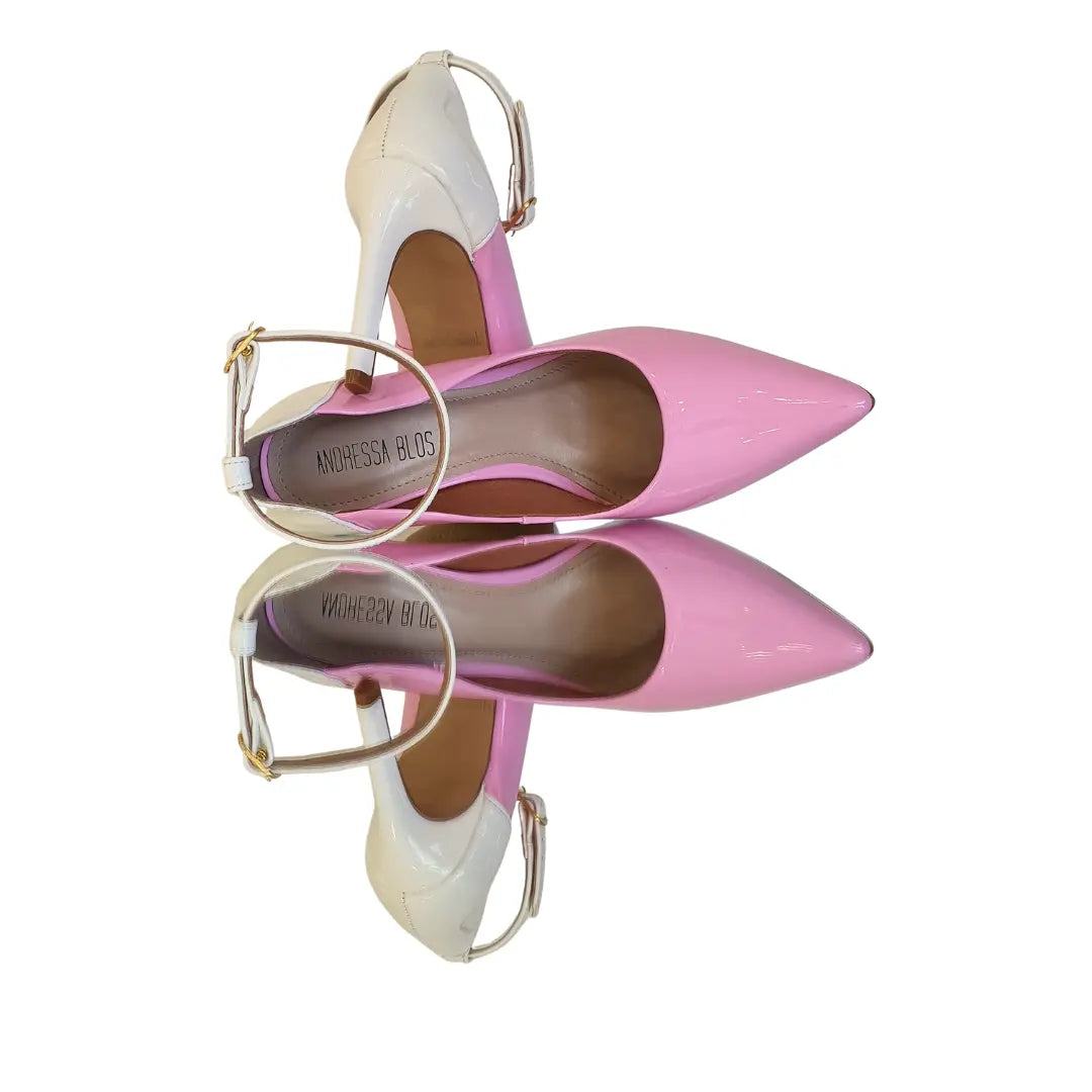Scarpin Bicolor Rosa Com Branco Verniz Salto Alto 10cm Sola Bege
