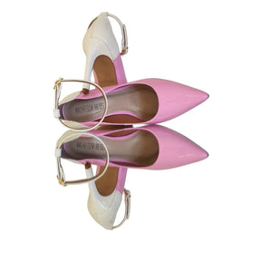 Scarpin Bicolor Rosa Com Branco Verniz Salto Alto 10cm Sola Bege