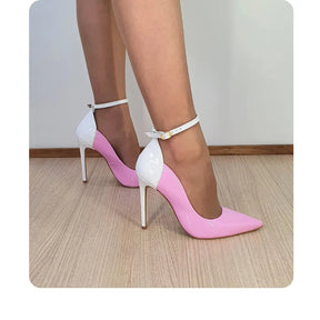 Scarpin Bicolor Rosa Com Branco Verniz Salto Alto 12cm Sola Bege