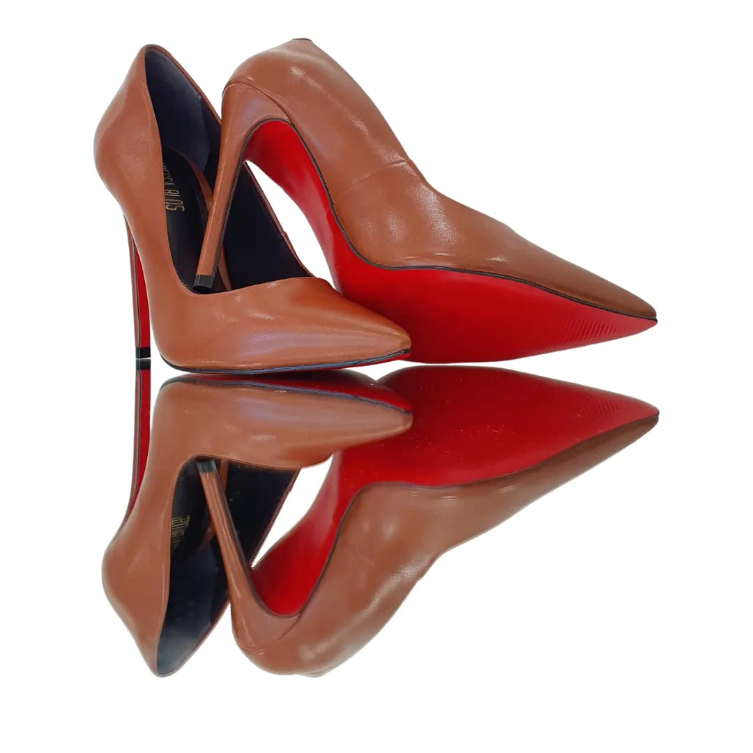 Scarpin Caramelo Acetinado Salto Alto 12cm Sola Vermelha