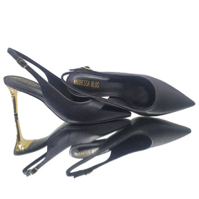 Scarpin Chanel Couro Legítimo Preto Salto Médio Dourado 8cm Sola Preta