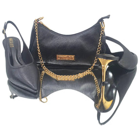 Scarpin Chanel Couro Legítimo Preto Salto Médio Dourado 8cm Sola Preta