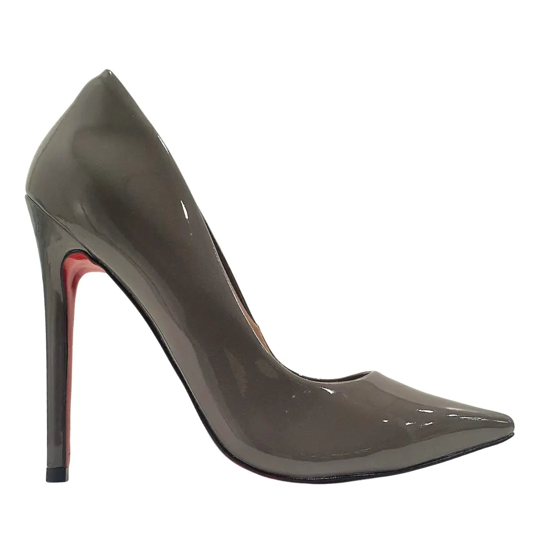 Scarpin Cinza Verniz Salto Alto 12cm Sola Vermelha