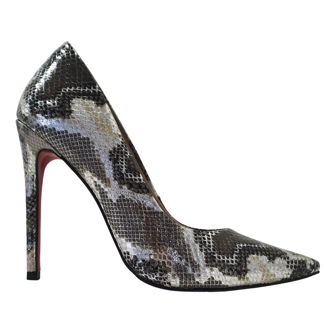 Scarpin Cobra Caramelo com Prata Salto Alto 12cm Sola Vermelha