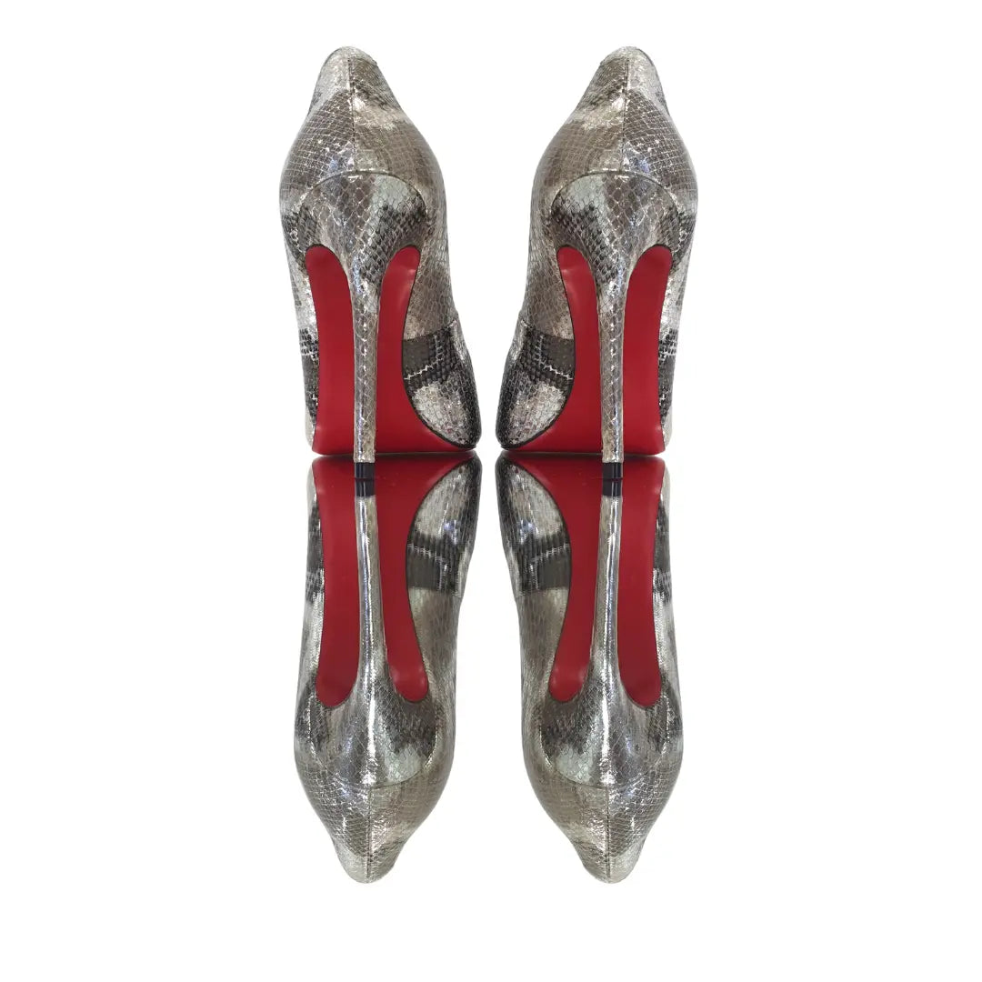 Scarpin Cobra Caramelo com Prata Salto Alto 12cm Sola Vermelha