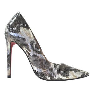 Scarpin Cobra Caramelo com Prata Salto Alto 12cm Sola Vermelha