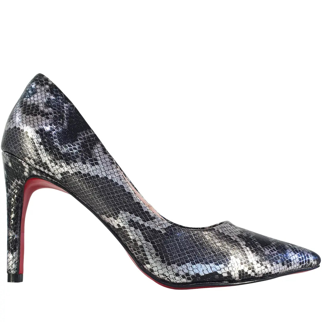 Scarpin Cobra Preto com Prata Salto Alto 10cm Sola Vermelha