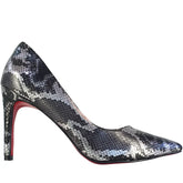 Scarpin Cobra Preto com Prata Salto Alto 10cm Sola Vermelha