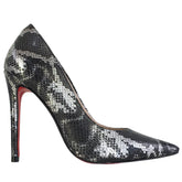 Scarpin Cobra Preto com Prata Salto Alto 12cm Sola Vermelha