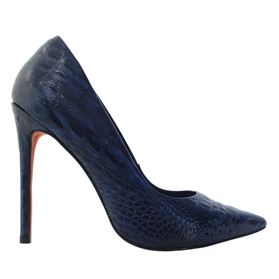 Scarpin Couro Legítimo Azul Marinho Croco Salto Alto 12cm Sola Vermelha