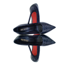 Scarpin Couro Legítimo Azul Marinho Croco Salto Alto 12cm Sola Vermelha
