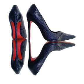 Scarpin Couro Legítimo Azul Marinho Croco Salto Alto 12cm Sola Vermelha