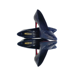 Scarpin Couro Legítimo Azul Marinho Croco Salto Alto 10cm Sola Vermelha