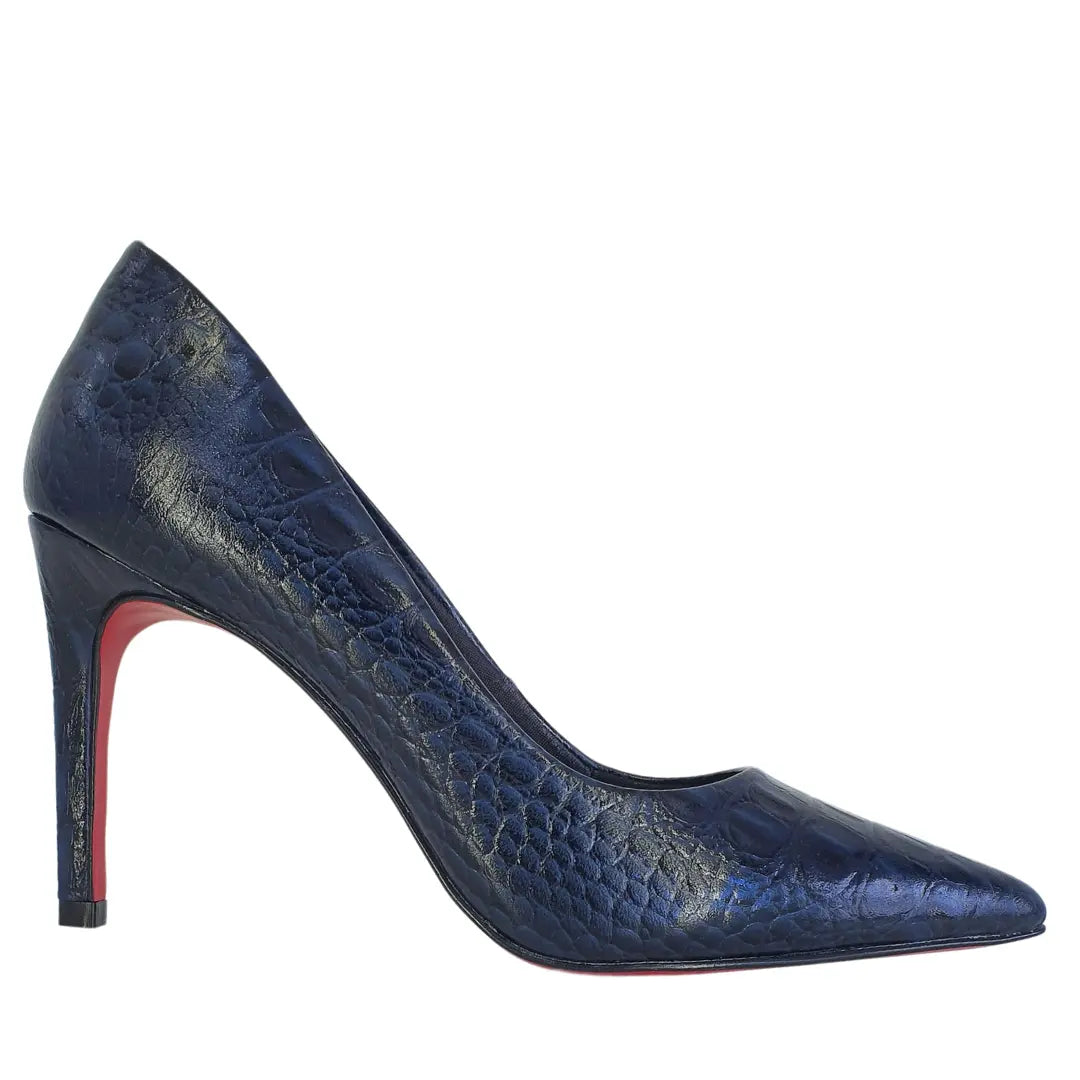 Scarpin Couro Legítimo Azul Marinho Croco Salto Alto 10cm Sola Vermelha