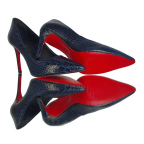 Scarpin Couro Legítimo Azul Marinho Croco Salto Alto 10cm Sola Vermelha