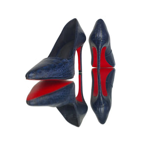 Scarpin Couro Legítimo Azul Marinho Croco Salto Alto 10cm Sola Vermelha