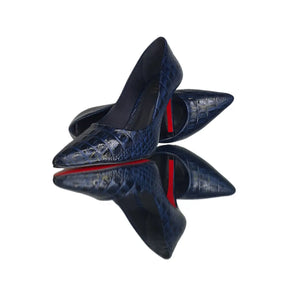Scarpin Couro Legítimo Azul Marinho Croco Salto Alto 10cm Sola Vermelha