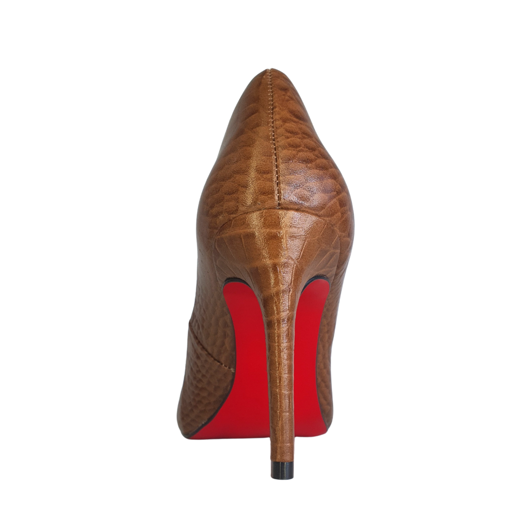Scarpin Couro Legítimo Caramelo Croco Salto Alto 10cm Sola Vermelha